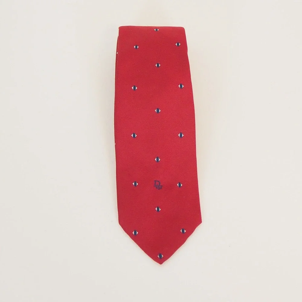 VTG‎ Christian Dior Polyester Silk Blend Tie Red Navy Classic Logo Spellout